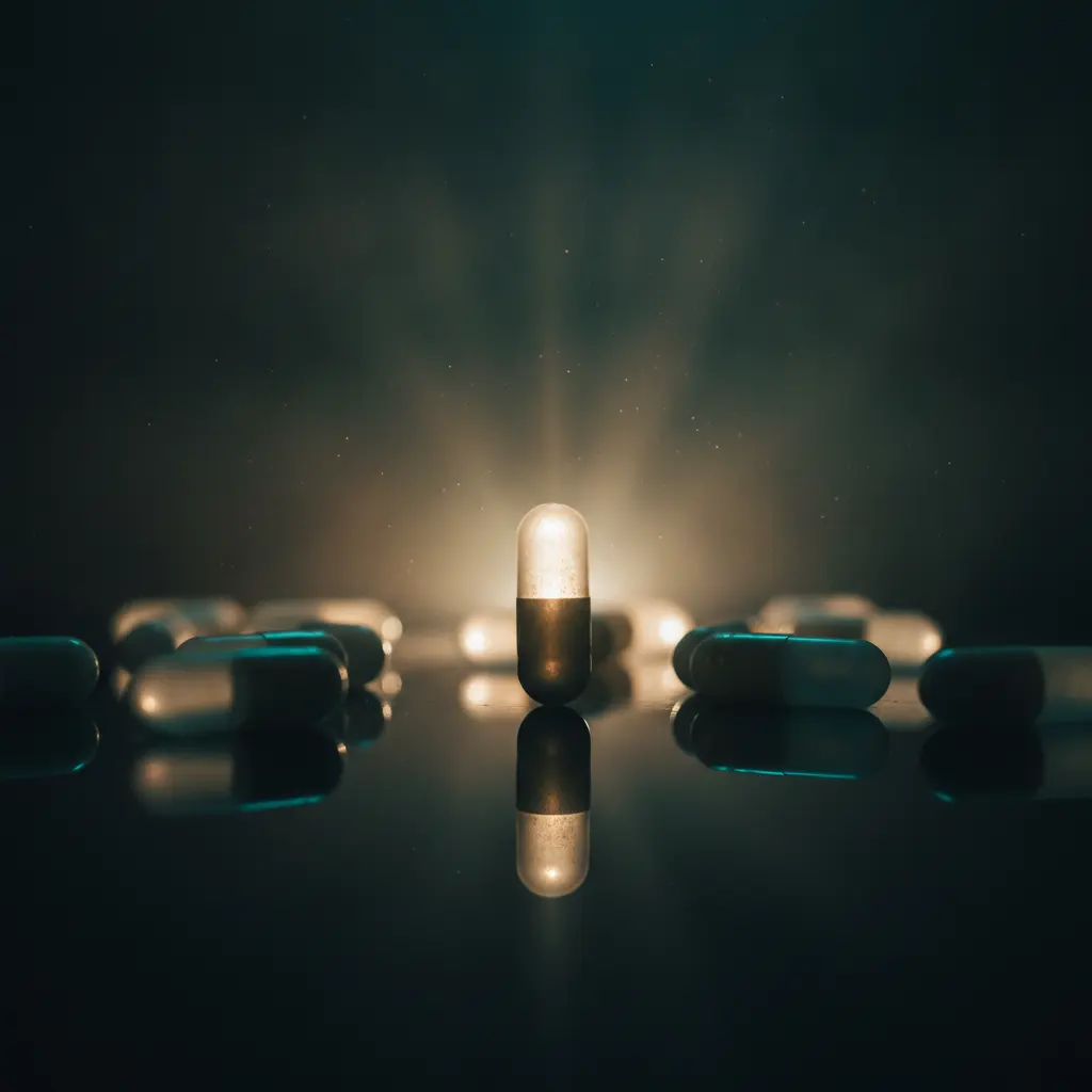 Cápsulas manipuladas sobre superfície escura, uma delas iluminada